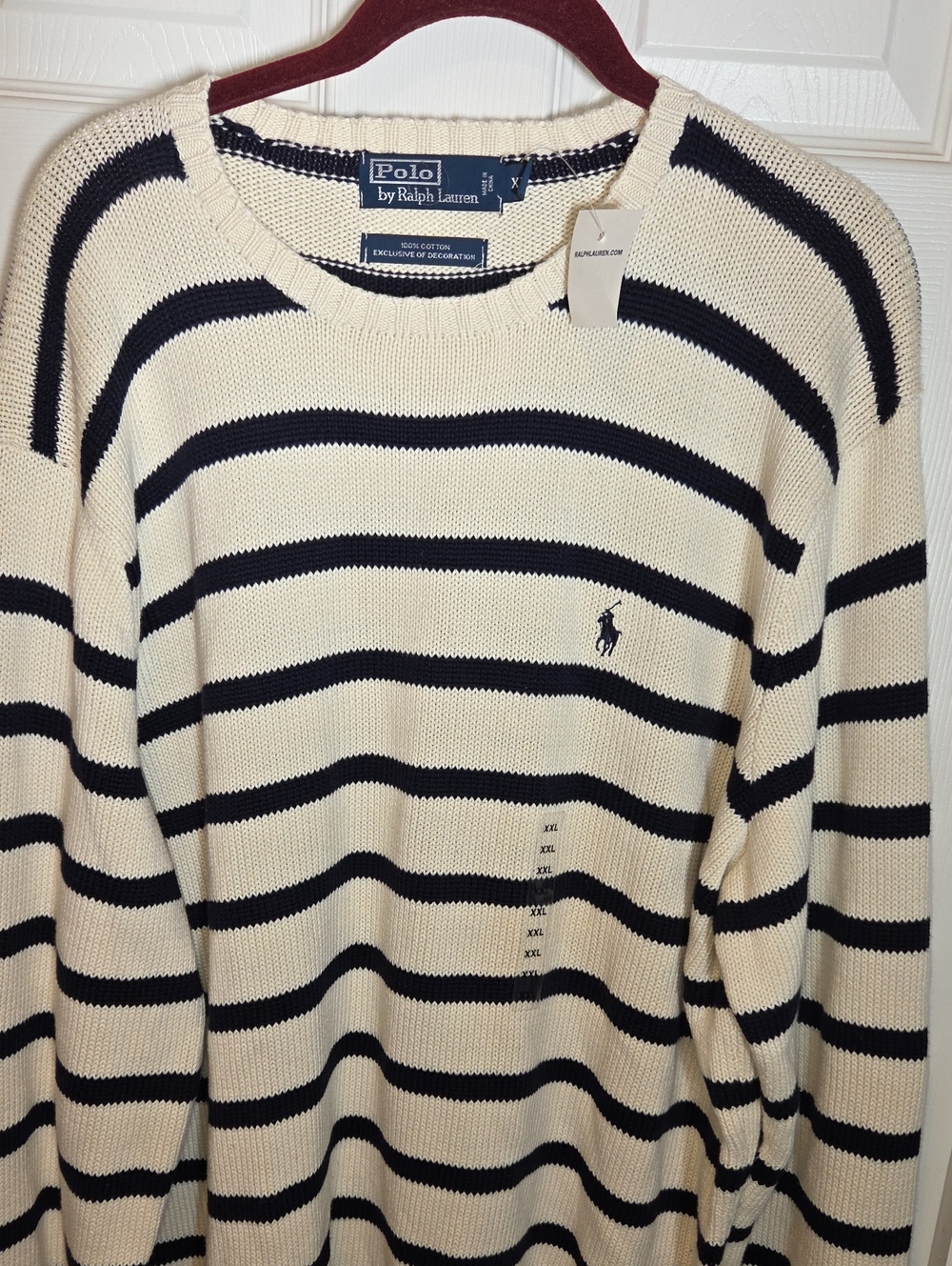 (NEW) Polo by Ralph Lauren Cream and Navy Striped Crewneck Sweater Mens XXL